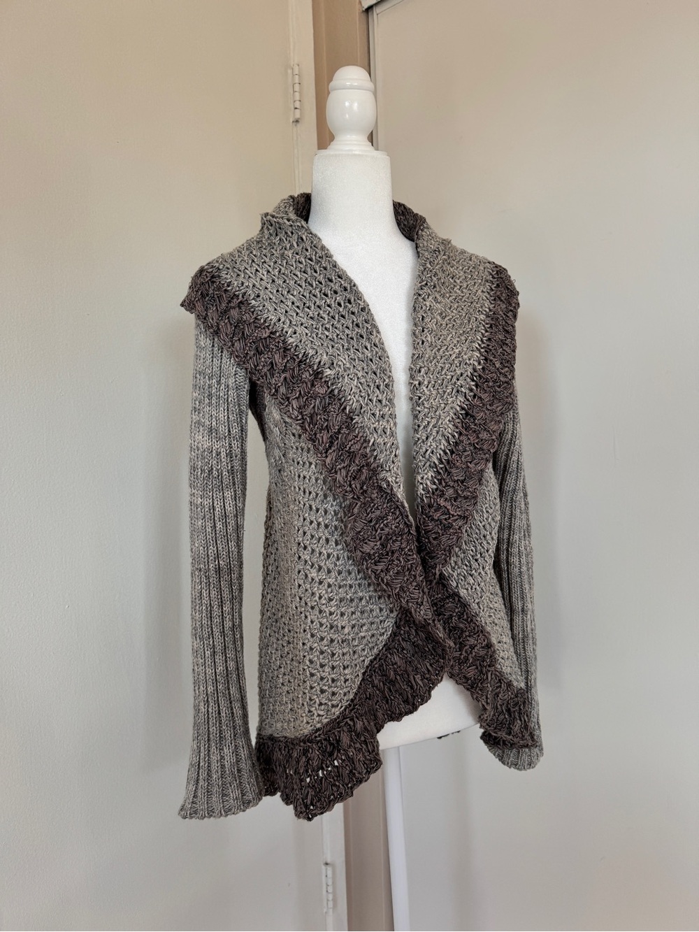 CAbi Two-Tone Gray Open-Front Knit Cardigan with Dark Trim 100% Cotton